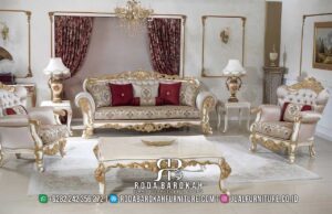 Segera Habis Sofa Turki Mewah Harga Murah RB-914 dengan rangka kayu jati dan finishing lac emas, sempurna untuk ruang tamu mewah dan elegan Anda.