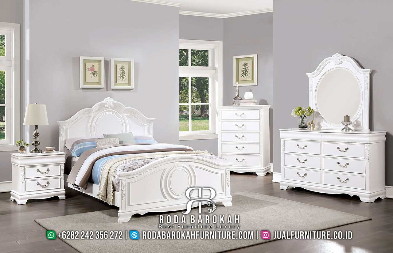 Terbaru Tempat Tidur Minmalis Modern dengan kayu jati dan cat duco putih, dilengkapi laci penyimpanan dan desain ukiran yang elegan untuk kamar tidur ...