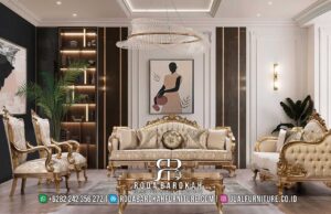 Terpercaya Sofa Tamu Mewah Banyak Dibeli RB-949 hadir dengan rangka kayu jati dan finishing gold doff, sempurna untuk nuansa klasik Eropa yang mewah di rumah Anda.