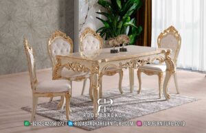 Bersertifikat Jual Meja Makan Mewah dengan desain ukiran klasik, kayu jati cat duco, dan jok bludru yang elegan untuk ruang makan formal Anda.