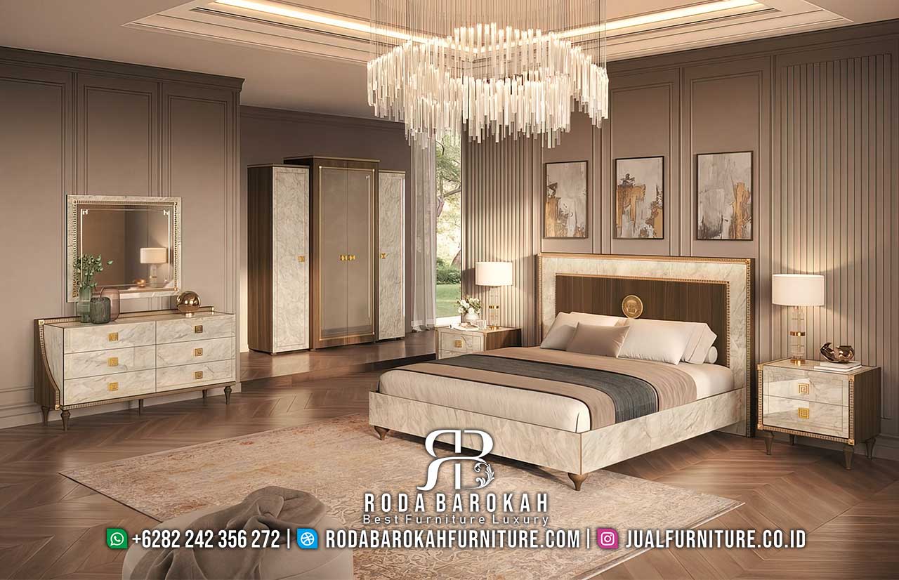 Tempat Tidur Mewah Modern RB1001 dari kayu jati dengan finishing Holz dan kain fabric, dilengkapi lampu utama, menghadirkan elegan dan mewah di kamar Anda.