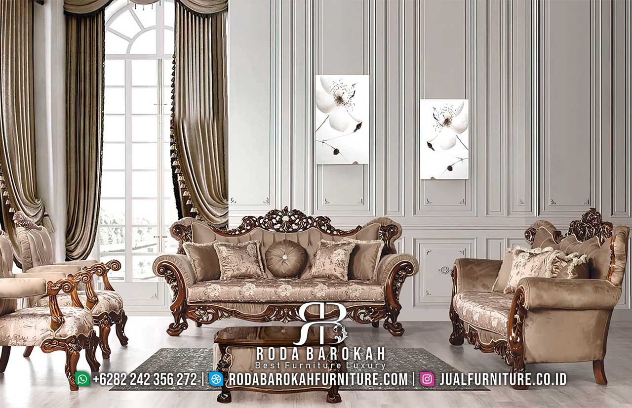 Diskon Sofa Tamu Klasik Mewah Ukuran Pas RB-987 hadir dengan rangka kayu jati finishing plitur dan busa empuk, sempurna untuk memberikan nuansa elegan