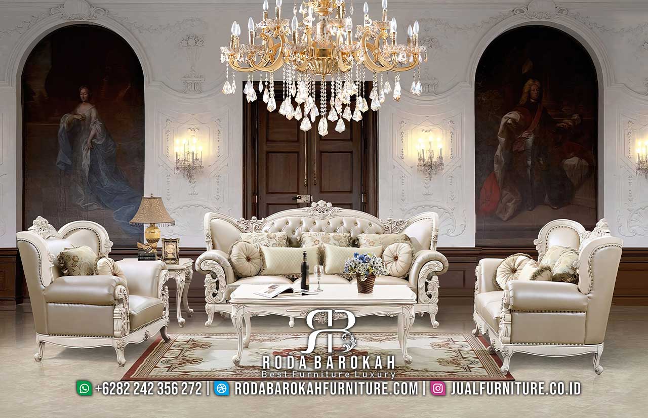 Favorit Kursi Sofa Tamu Mewah praktis dipakai RB-986, terbuat dari kayu jati dengan cat duco putih dan busa tebal, sempurna untuk ruang tamu elegan Anda.