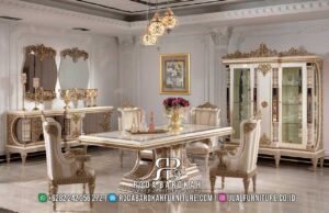 Jual Meja Makan Mewah Verona Ornamen Klasik RB1019, terbuat dari kayu jati dengan kaki meja ukiran dan busa jok tebal, sempurna untuk nuansa elegan di rumah Anda.