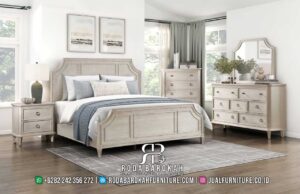 Jual Tempat Tidur Klasik Modern Victoria Ukiran Halus RB1040 dengan kayu jati warna cream doff dan fitur laci elegan, sempurna untuk kamar tidur minimalis Anda.