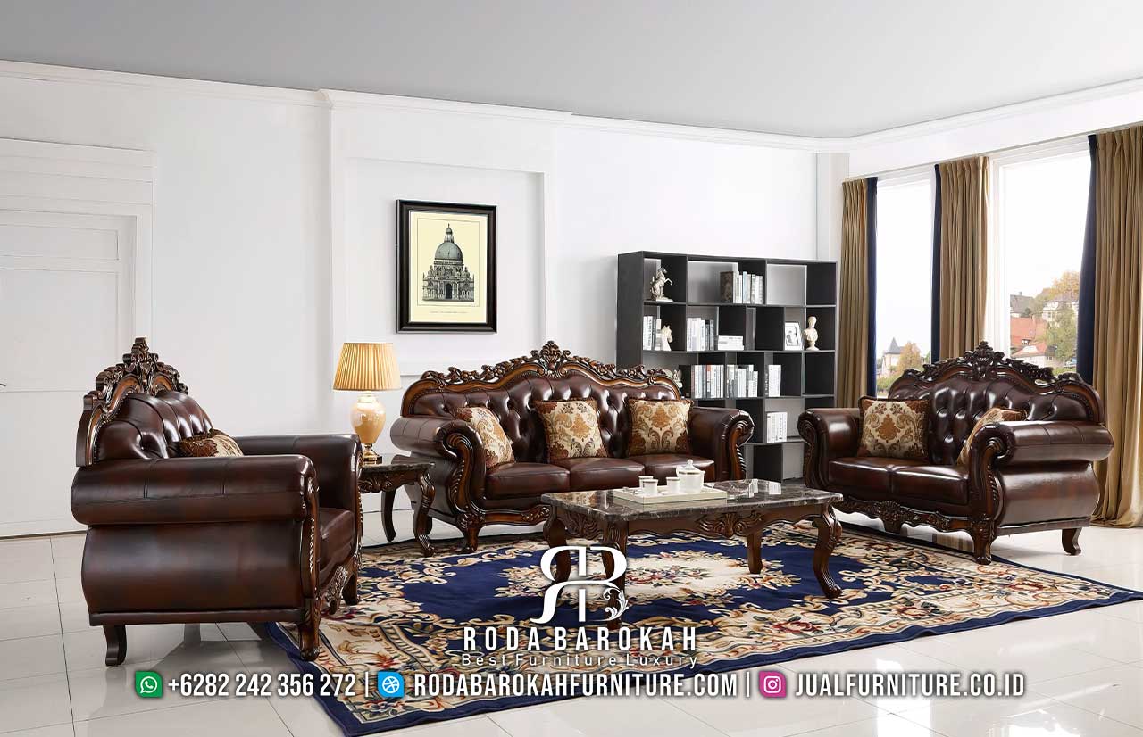 Pesan Set Sofa Tamu Mewah Enak Dipakai RB-988 terbuat dari kayu jati dengan finishing doff, mewah dan nyaman untuk ruang tamu bergaya klasik modern.