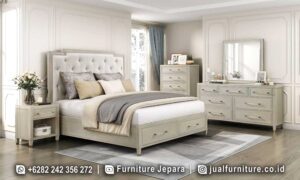 Tempat Tidur Mewah Classico Rakitan Presisi RB1025, dari kayu jati dengan finishing doff dan laci penyimpanan, selaras sempurna dengan gaya minimalis modern Anda.