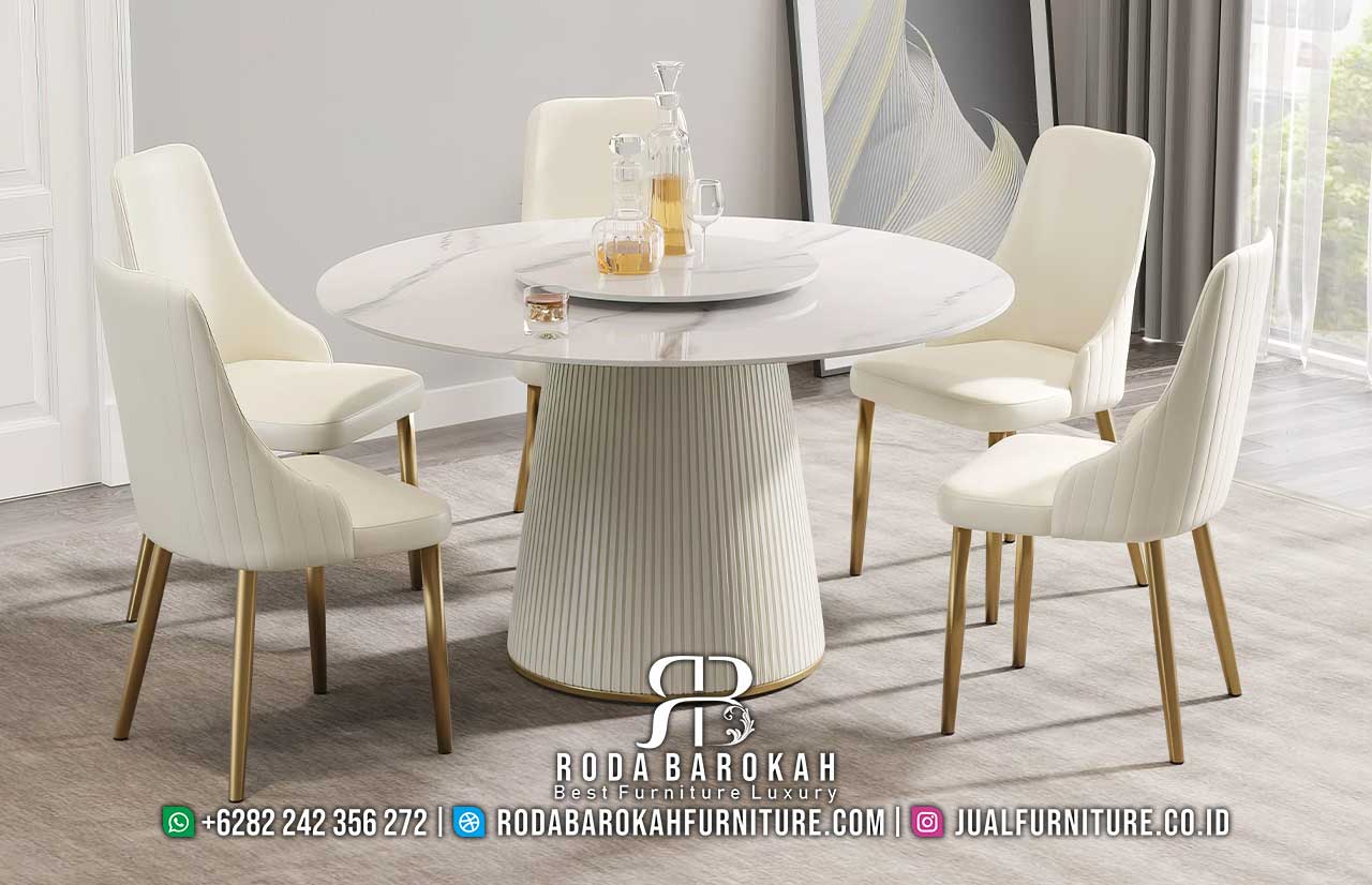 Terpercaya Meja Makan Bundar Mewah dengan kaki emas dan finishing cat duco, sempurna untuk nuansa elegan di ruang makan Anda.