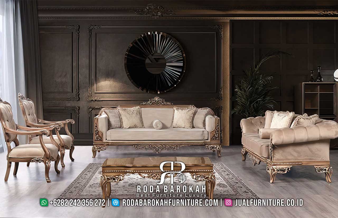 Teruji Sofa Tamu Mewah Chester harga terjangkau RB-985, dilengkapi rangka kayu jati dan finishing gold doff, sempurna untuk ruang tamu elegan Anda.