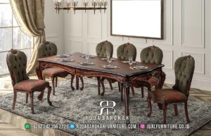 Desain Meja Makan Jati Nobile Stabil Kokoh RB1042, dengan kaki kayu ukiran dan finishing Holzfinish, memberikan nuansa elegan untuk ruang makan Anda.