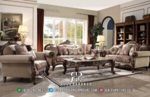 Jual Sofa Mewah Ruang Tamu Verona Nuansa Elegan RB1048, terbuat dari kayu jati dengan finishing Holzfinish Coklat, desain klasik dengan ornamen ukiran yang memikat.