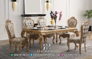 Meja Makan Gold Mewah Nobile Nuansa Elegan RB1043 hadir dengan rangka kayu jati dan ornament ukiran, sempurna untuk menambah kemewahan di ruang makan Anda.