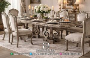 Meja Makan Klasik Mewah Siena Standar Ekspor RB1054 terbuat dari Kayu Jati dengan finishing Lacquer dan ornamen ukiran elegan, sempurna untuk keluarga.