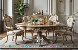 Meja Makan Mewah Cremona Sentuhan Antik RB1041, terbuat dari kayu jati dengan finishing gold doff dan ornamen ukiran, hadirkan nuansa elegan dalam setiap hidangan.
