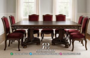 Set Meja Makan Jati Jepara Siena Kesan Antik RB1053 dengan kaki meja ukiran klasik dan busa tebal berkualitas, sempurna untuk menambah elegan rumah Anda.