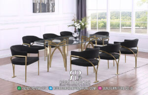 Jual Meja Makan Modern Elegan Stainless Top Kaca RB1084
