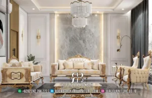 Set sofa tamu mewah ukiran gold RB1099 lengkap dengan sofa 3 dudukan velvet cream diamond tufting, 2 sofa 1 dudukan high back, dan meja tamu persegi ukiran gold.