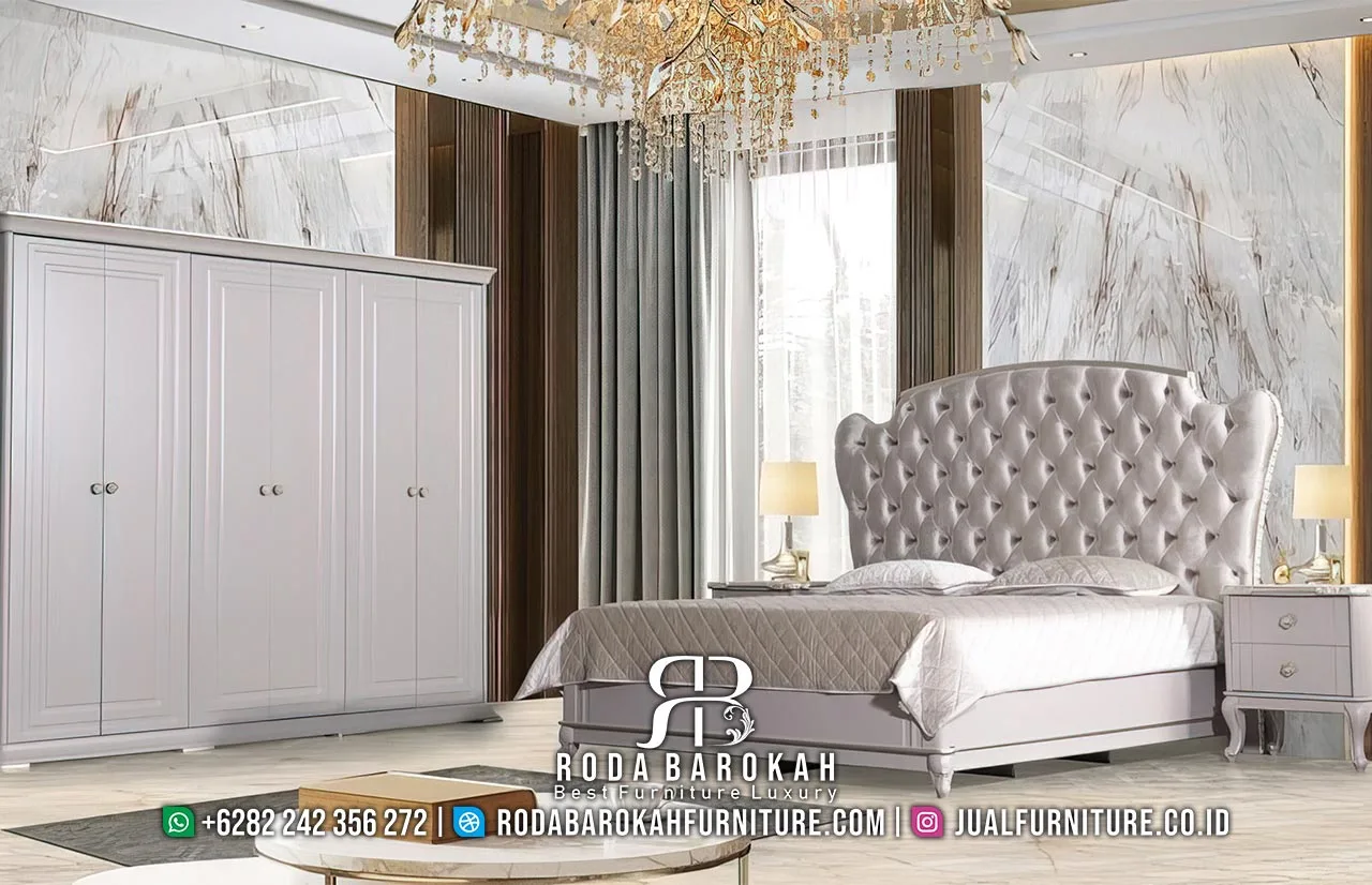 Jual Tempat Tidur Mewah Gaya Eropa Modern Elegan Set tempat tidur mewah Eropa modern RB1091 dengan headboard wingback diamond tufting silver, nakas 2 laci, dan lemari 4 pintu putih abu.