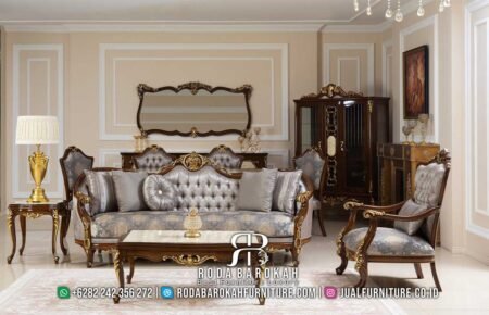 Keren sekali Set Sofa Tamu Mewah Jati dengan finishing Natural kombinasi Gold RB-301