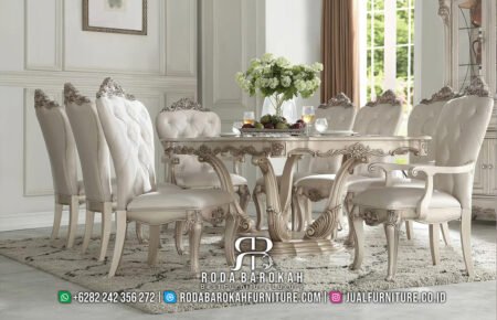 Meja Makan Mewah Putih Ukiran Jepara Klasik Ramadhan Sale RB-56