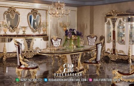 Model Meja Makan Mewah Jati Ukir Bunga Warna Gold RB-299