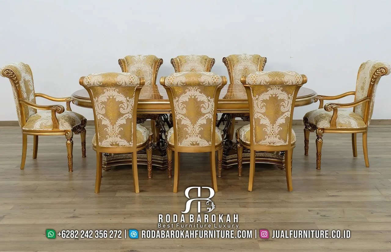Model Meja Makan Rococo Mewah 8 Kursi Gold Leaf RB1096 - Gambar 2