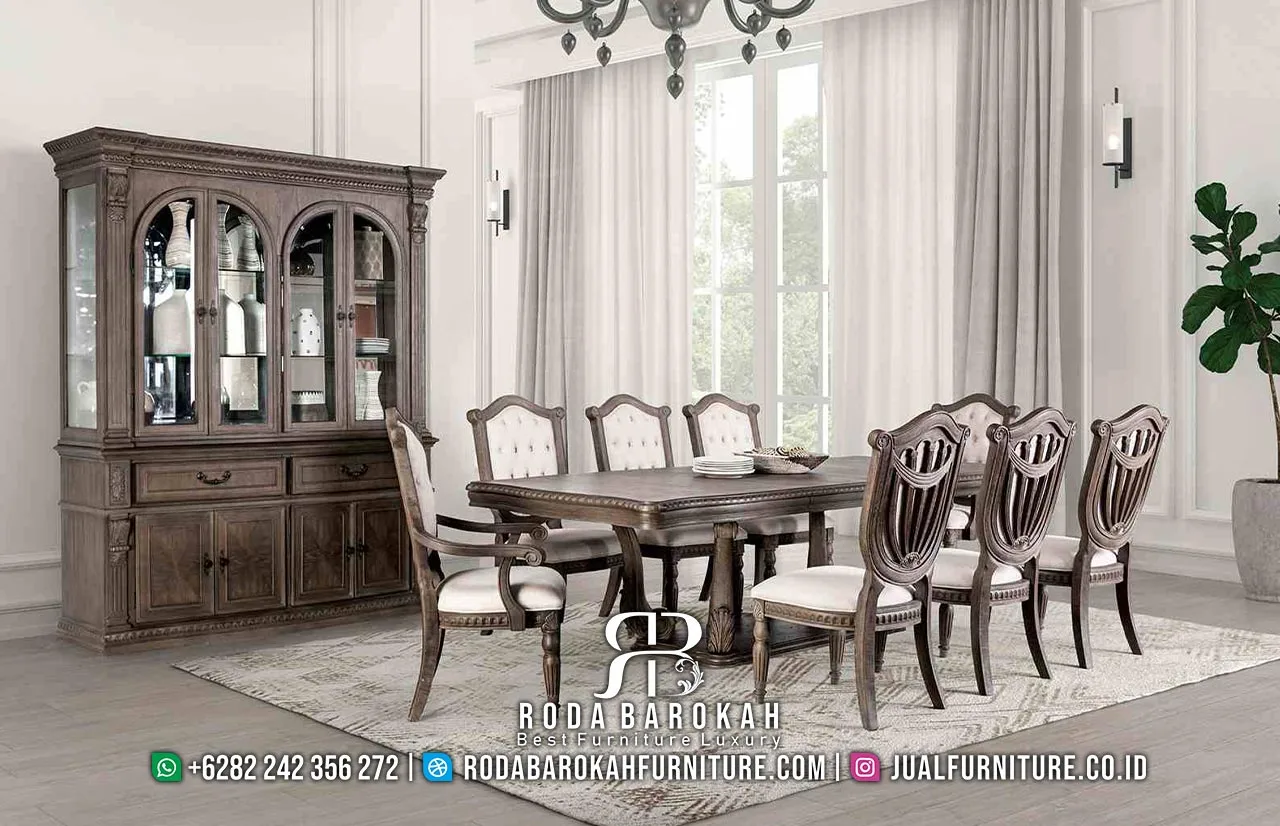 Set Meja Makan Mewah 8 Kursi Ukiran Terpopuler RB1094 - Gambar 2